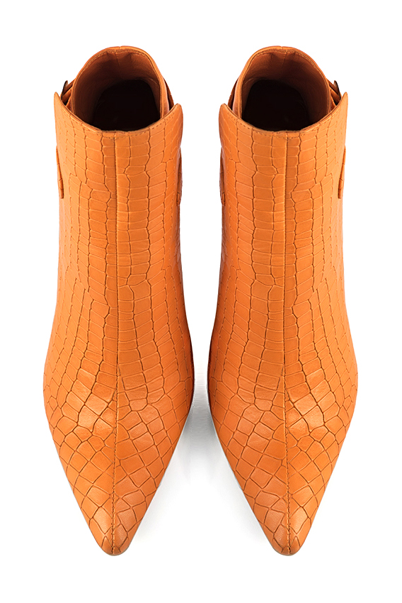 Apricot orange women's ankle boots with buckles at the back. Tapered toe. Very high slim heel. Top view - Florence KOOIJMAN